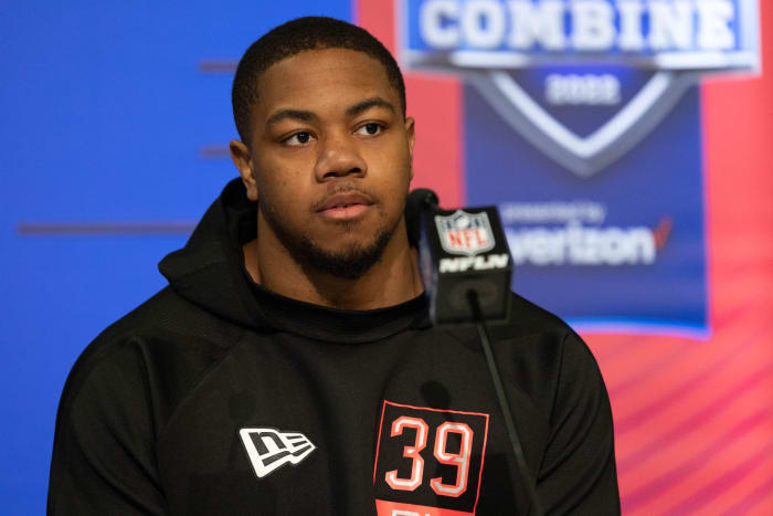 Alabama defensive lineman LaBryan Ray talks to the media during the 2022 NFL Combine.